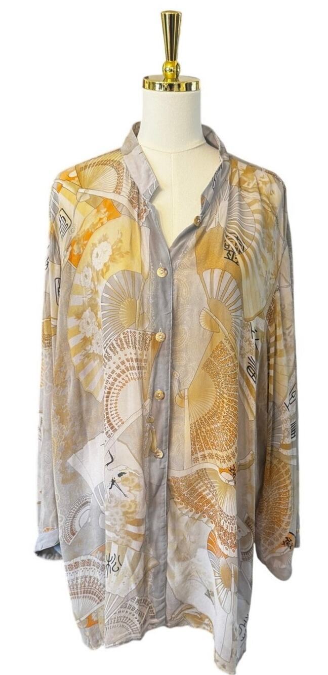 Vintage Y2K Citron Santa Monica 100% Silk Fan Print Tunic Shirt Cover Up 2/XL
